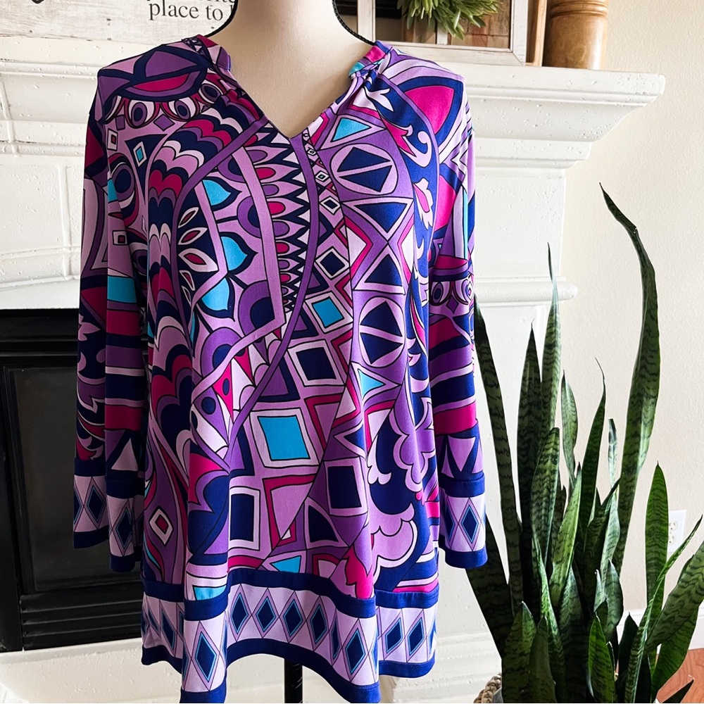Chicos purple Retro Tunic Medallion mix split neck Size L (2)